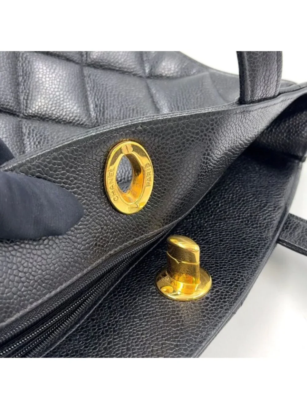 Chanel Quilted Turnlock Caviar Leather Black Tote Bag Gold